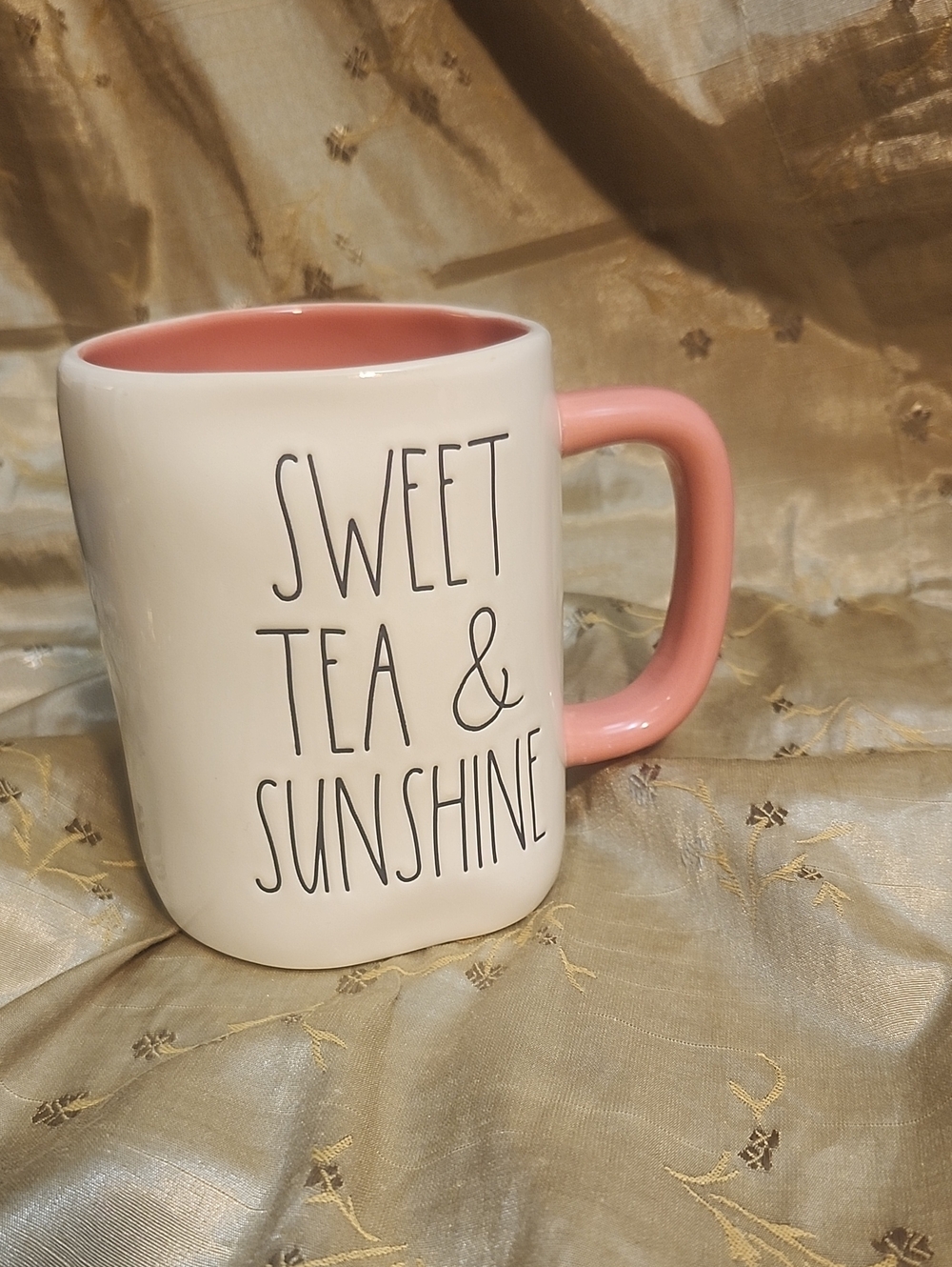 Rae Dunn Cream Ceramic Mug with Pink Handle & Interior